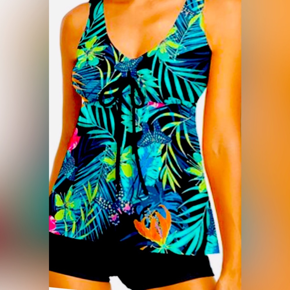 MARZXIN Tankini Swim Women Floral Two Pieced Tank Top W Boy Shorts M-L/12-14